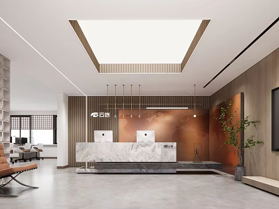 Modern Office Reception Desk With Marble Countertop Wooden Wall And Green Plant 3d model