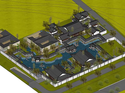 Traditional Ancient Architecture Complex with Central Pond Traditional Roofs Enclosure Wall and Garden Landscaping 3d model