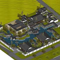 Traditional Ancient Architecture Complex with Central Pond Traditional Roofs Enclosure Wall and Garden Landscaping