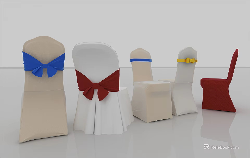 Dining Chairs With Decorative Colorful Bows And Sashes In Beige White Red 3d model 
