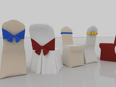 Dining Chairs With Decorative Colorful Bows And Sashes In Beige White Red 3d model