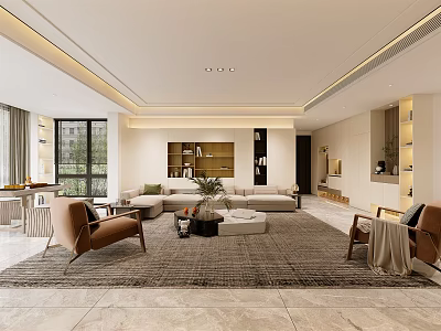 Modern Living Dining Room Interior With Spacious Sofa Area Rug Bookshelf And Large Windows 3d model