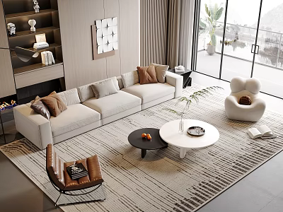 Modern Beige Sofa and Coffee Table Set with Multiple Cushions Round Tables and Area Rug 3d model