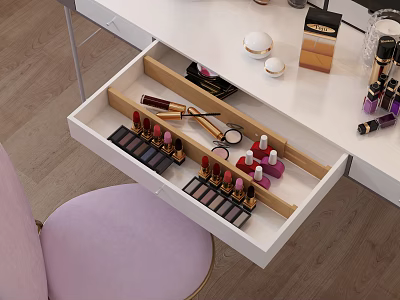 White Vanity Dresser Interior With Open Drawer Organized Cosmetics And Makeup Items 3d model
