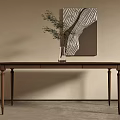Brown Dining Table With Green Plant Vase Against Beige Wall And Abstract Painting