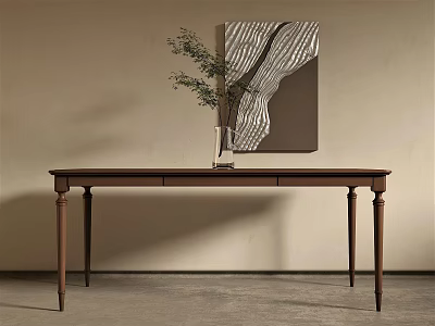 Brown Dining Table With Green Plant Vase Against Beige Wall And Abstract Painting 3d model