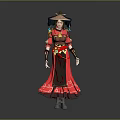 Woman in Traditional Red and Brown Costume with Decorative Hat and Ornaments
