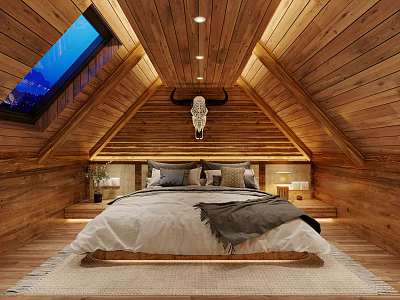 Wooden Sloped Ceiling Hotel Room With Large Bed Bull Skull Decor And Skylight 3d model