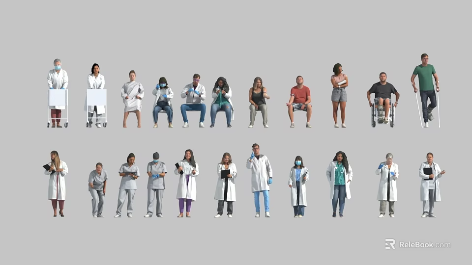 Group of Diverse People Including Medical Staff and Individuals in Various Attire 3d model 