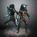 Two Armored Sci-Fi Characters Display Dynamic Poses with Red Laser Beams