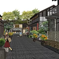 Traditional Style Commercial Street With Stone Paved Path Green Plants And Pedestrians