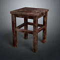 Dark Brown Wooden Stool With Textured Square Seat And Cross Bar Structure