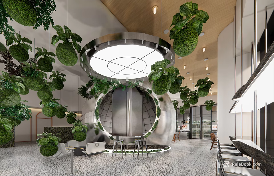 Modern Coffee Shop Interior With Hanging Green Plants Circular Lighting And Open Space Design 3d model 