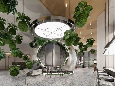 Modern Coffee Shop Interior With Hanging Green Plants Circular Lighting And Open Space Design 3d model