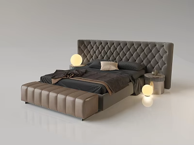 Modern Double Bed With Tufted Gray Headboard Leather Bench And Round Table Lamps 3d model