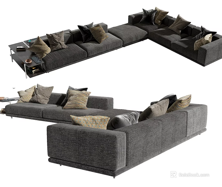 Gray L Shaped Sectional Sofa With Soft Fabric And Decorative Pillows 3d model