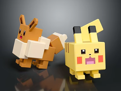 Two Cute Block Style Stuffed Dolls With Yellow Brown Pixel Cartoon Design 3d model