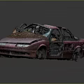 Abandoned Red Car With Open Doors Broken Windows Weeds And Branches Inside