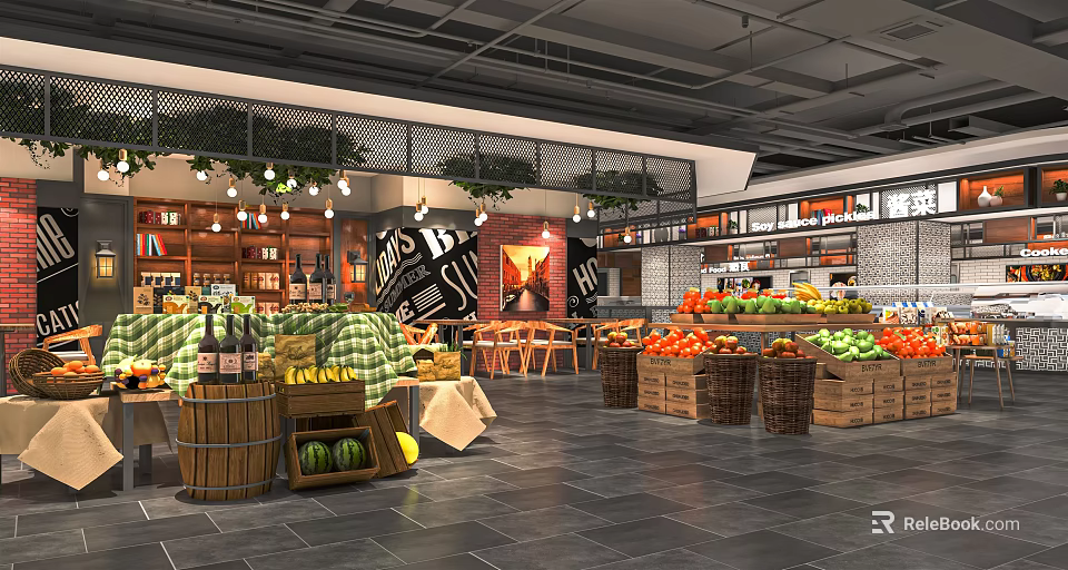 Bright Supermarket Interior With Fresh Fruit Vegetable Displays And Wooden Shelves 3d model 