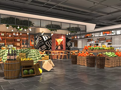 Bright Supermarket Interior With Fresh Fruit Vegetable Displays And Wooden Shelves 3d model