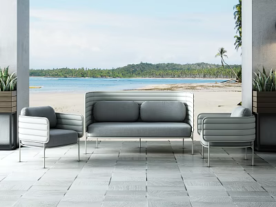 Stylish Outdoor Sofa Set With Patio Sea View Beach Side Chairs And Tile Floor Plants 3d model