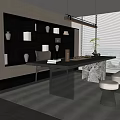 Modern Open Tea Room Interior Design With Long Wooden Table Bookshelves And Potted Plants