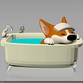 Corgi Enjoying Bath Time In Bathtub With Blue Water Toys And Faucet