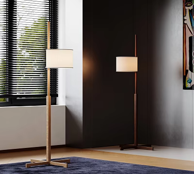 Modern Floor Lamps in Living Room with Window Blinds and Dark Walls 3d model