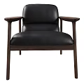 Modern Minimalist Single Chair With Black Leather Seat And Wooden Armrests Frame