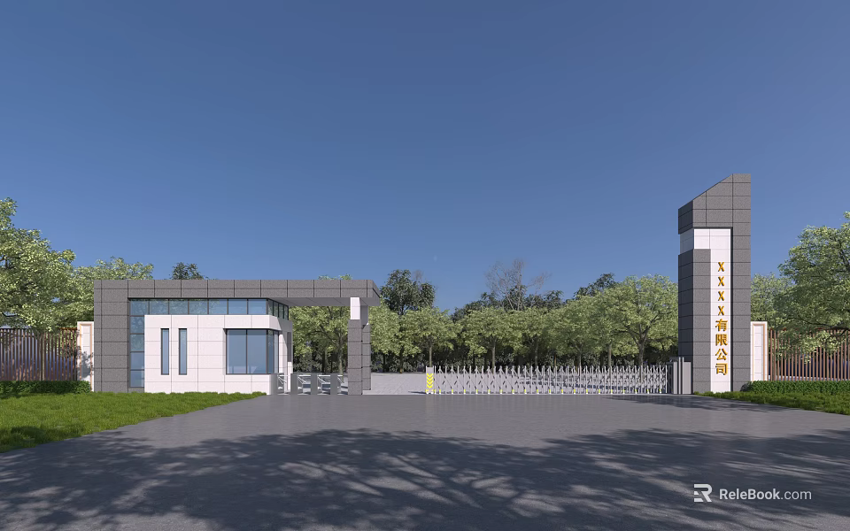 Modern Entrance Gate Architectural Design With Open Plaza And Trees Under Blue Sky 3d model 