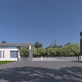 Modern Entrance Gate Architectural Design With Open Plaza And Trees Under Blue Sky
