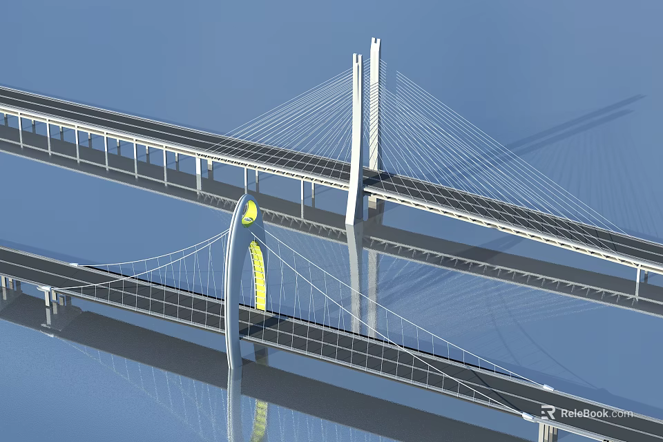 Modern Cable Stayed Bridge With Multiple Towers And Cables Against Blue Sky 3d model 