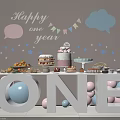 Happy One Year Decorative Ornaments Set with Cloud Star Cake Fruits ONE Letter and Balloons