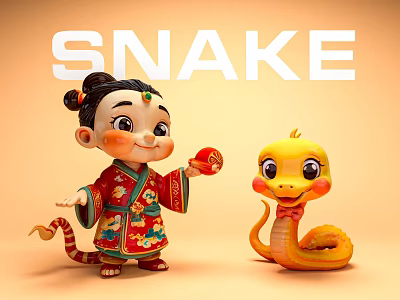 Cartoon Girl In Traditional Costume With Red Item And Yellow Snake Next To Word SNAKE 3d model