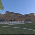 Wooden Rustic Guesthouse Building with Large Glass Windows Open Terrace and Green Grassland