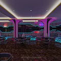 KTV Lounge With Neon Lights Large Mural Sofa Seating And Round Tables