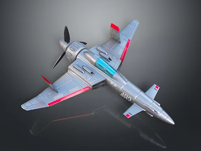 Silver Toy Airplane Model With Red Accents And Propeller Design 3d model