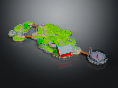 Cartoon Scene With Green Grassland Red Roof House Wooden Bridge And Round Platform 3d model