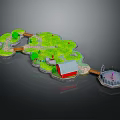 Cartoon Scene With Green Grassland Red Roof House Wooden Bridge And Round Platform