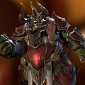 Strong Green Skinned Orc Warrior In Red Black Armor With Horns Standing On Burning Rock