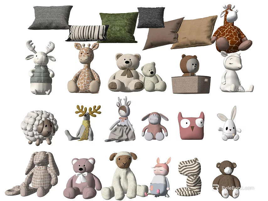 Cute Soft Stuffed Toys With Various Animal Designs Including Deer Bear Rabbit Owl 3d model 