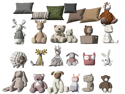 Cute Soft Stuffed Toys With Various Animal Designs Including Deer Bear Rabbit Owl 3d model