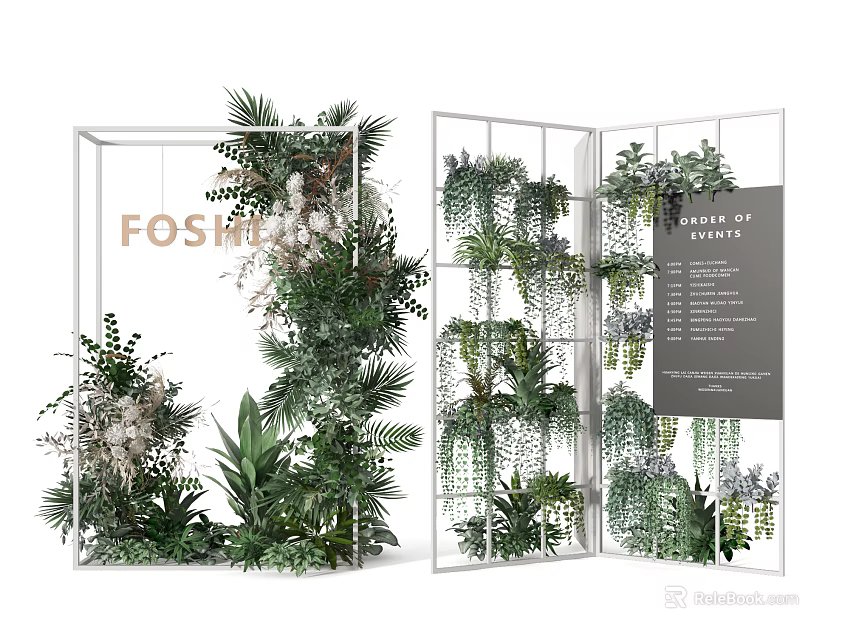 Elegant Plant Decorated Screen With Menu Board And Lush Greenery 3d model