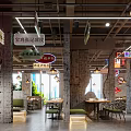 Industrial Style Restaurant With Neon Signs Chinese English Signs And Red White Striped Floor