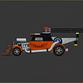 Red Lego Style Car Featuring Shovel Like Metal Structure Black Top Device Blue White Details