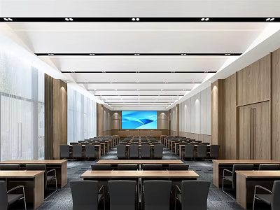 Modern Conference Room Interior With Wooden Walls Large Screen And Rows Of Chairs 3d model