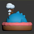 Blue Cartoon Game Character Resting on Pink Donut Float With Cloud Bubble and Bottles