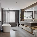 Modern Gray Bathroom With Freestanding Bathtub Double Sinks Large Mirror Plant Blinds And Open Storage