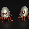 Two Cute Silver Octopuses With Red Tentacles And Big Eyes On Black Background