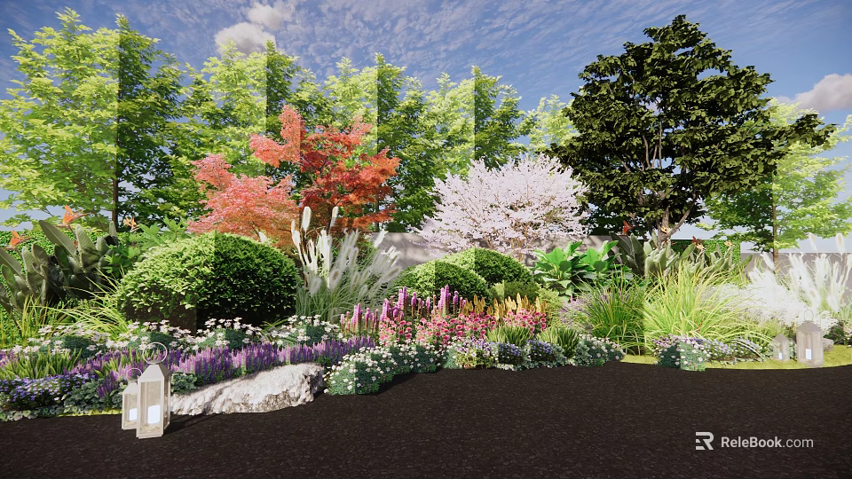 Colorful Flowers And Plants In Lush Garden With Vibrant Blooms And Natural Greenery 3d model 